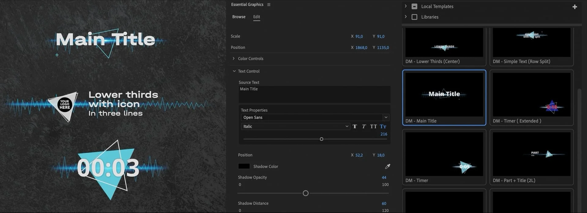 Adobe Premiere Pro Essential Graphics — шаблоны DM.Filmmaker